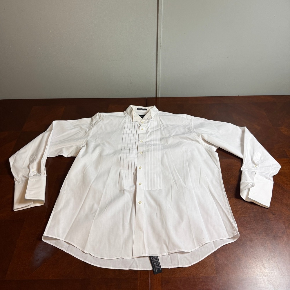 Diamante Couture Mens White Tuxedo Shirt Rhinestone Wing Collar Pleated 18 34/35